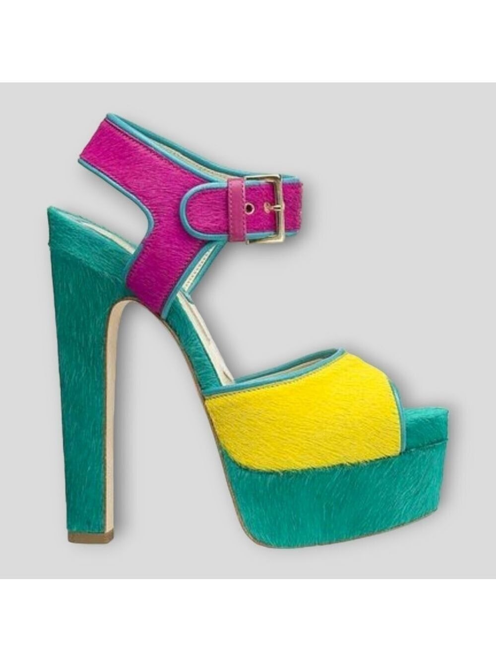 Brian Atwood Karin Multicolor Pony Hair Platform High Heel Sandal Shoes Size 39